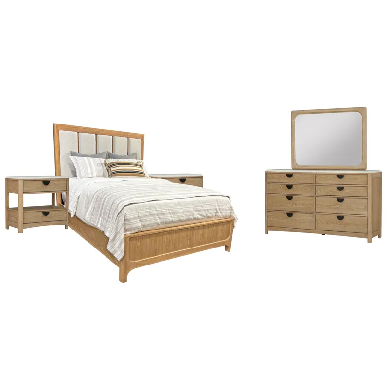 Escape Bedroom Queen Panel Bed 2 Nightstands and Dresser with Mirror