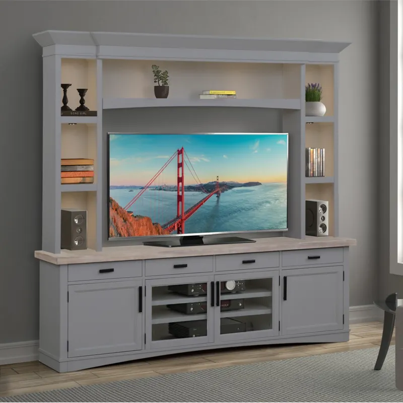 Americana Modern Dove 92 Inch TV Console with Hutch and LED Lights