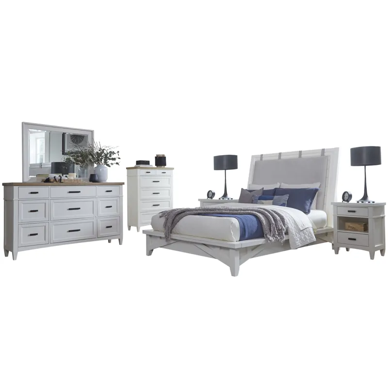 Americana Modern Bedroom King Platform Bed 2 Nightstands Dresser with Mirror and Chest