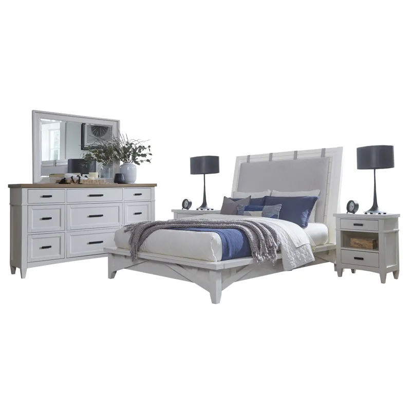 Americana Modern Bedroom King Platform Bed 2 Nightstands and Dresser with Mirror