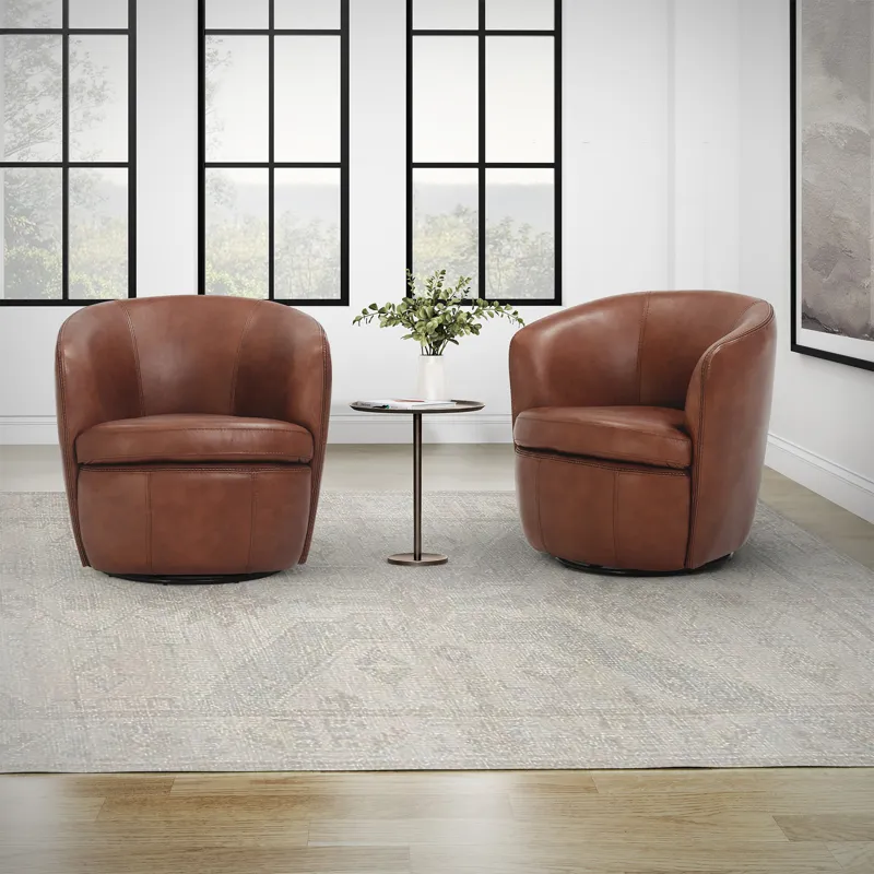 Barolo Vintage Whiskey 100% Italian Leather Swivel Club Chair Two Pack