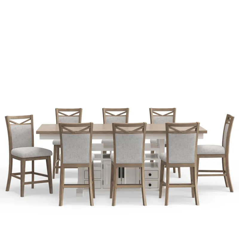Americana Modern Dining Island Counter Height Table with 8 upholstered chairs