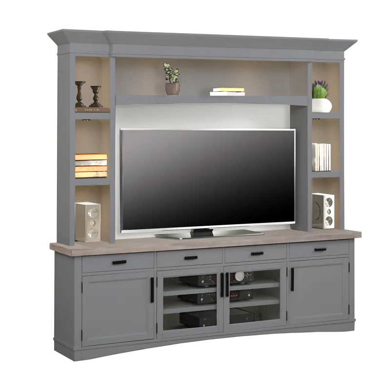 Americana Modern Dove 92 Inch TV Console with Hutch and LED Lights