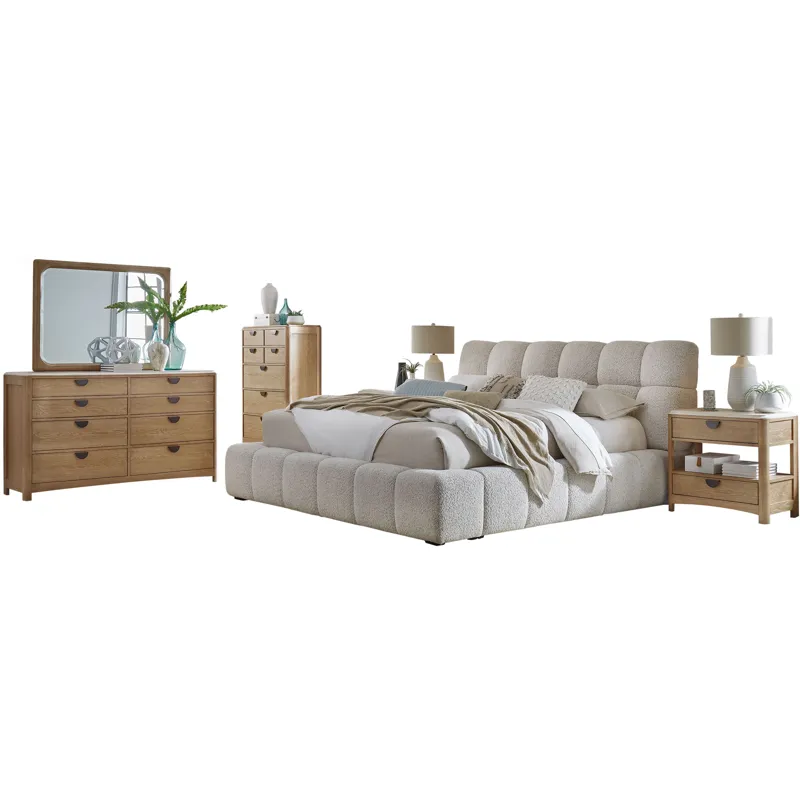 Escape Bedroom King Upholstered Bed 2 Nightstands Dresser with Mirror and Chest