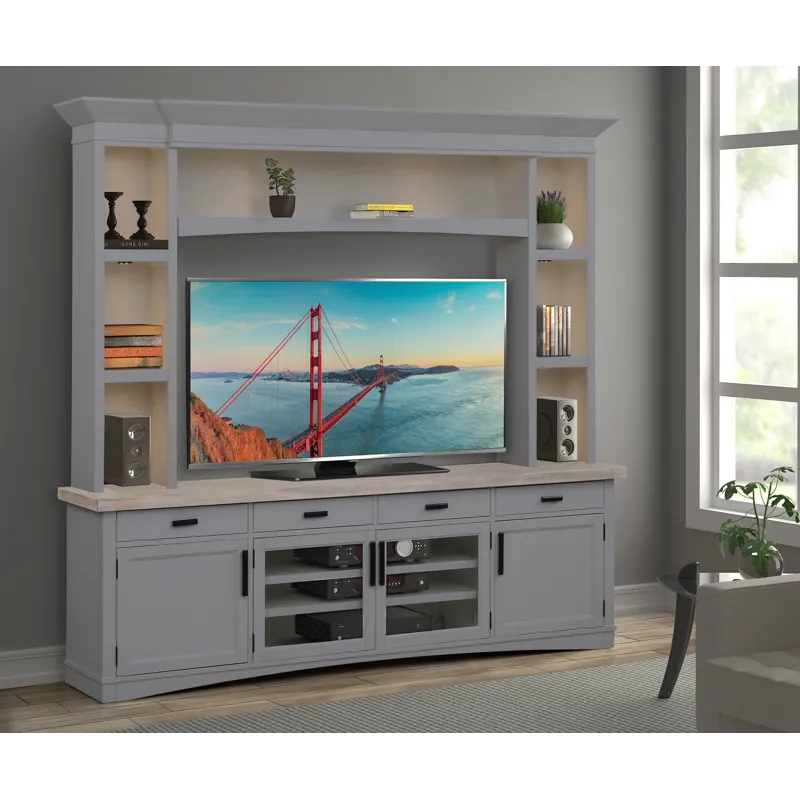 Americana Modern Dove 92 Inch TV Console with Hutch and LED Lights