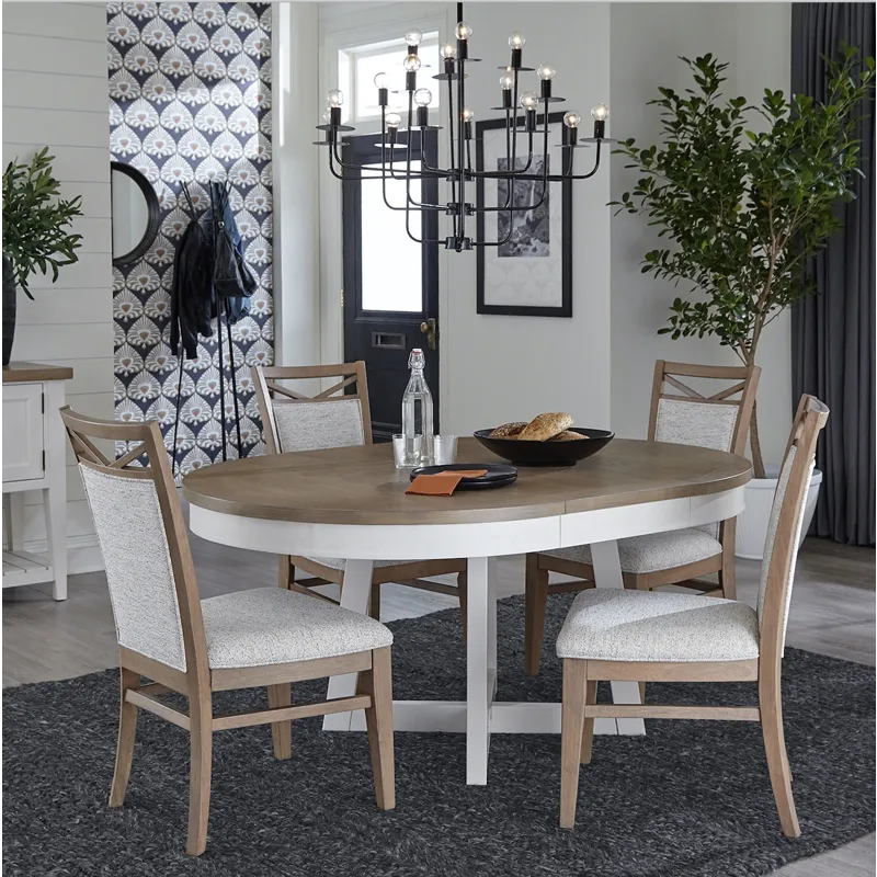 Americana Modern Dining 48 inch Round Extendable Dining Table and 4 Upholstered Chairs