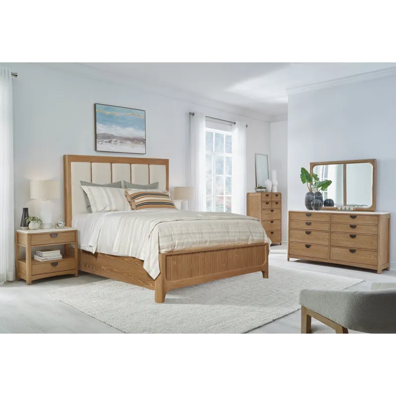 Escape Bedroom Queen Panel Bed 2 Nightstands Dresser with Mirror and Chest