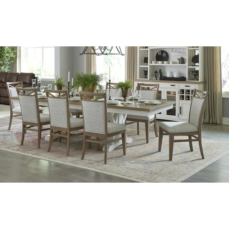 Americana Modern Dining Extendable Trestle Table with 8 Upholstered Chairs