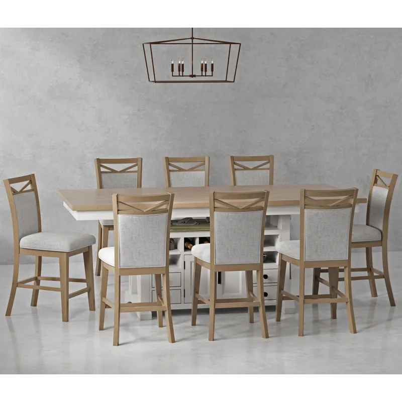 Americana Modern Dining Island Counter Height Table with 8 upholstered chairs