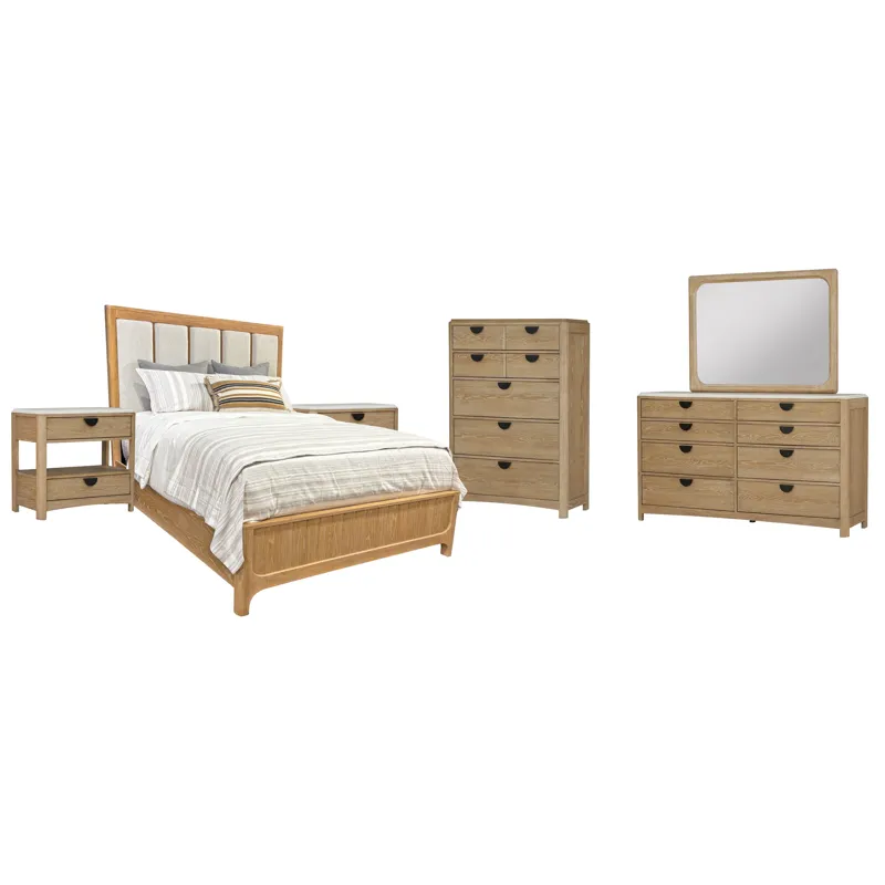 Escape Bedroom Queen Panel Bed 2 Nightstands Dresser with Mirror and Chest