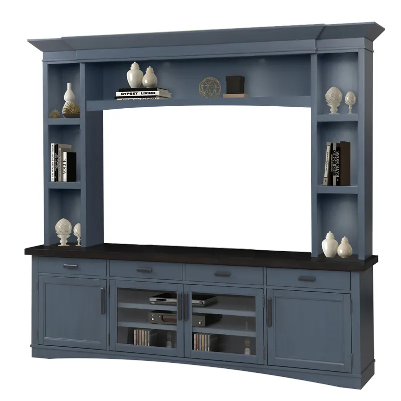 Americana Modern Denim 92 Inch TV Console with Hutch and LED Lights