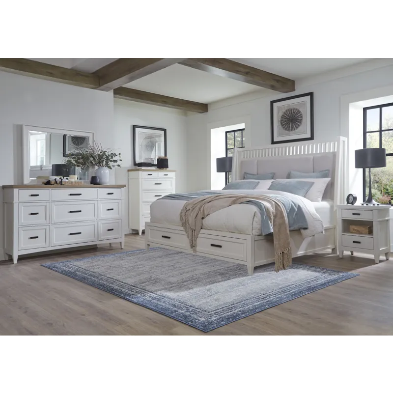 Americana Modern Bedroom King Shelter Bed 2 Nightstands Dresser with Mirror and Chest