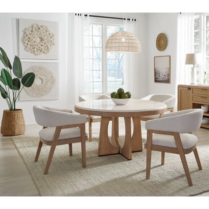 Escape Dining 54 Inch Round Table with 4 Barrel Chairs