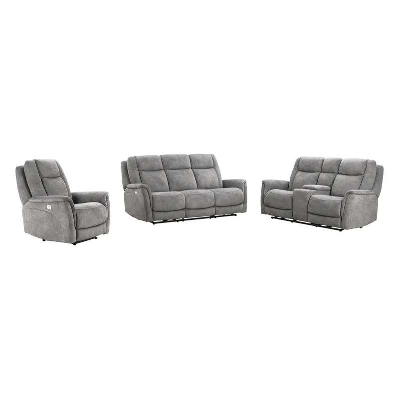 Linus Hudson Grey Power Reclining Sofa Loveseat and Recliner