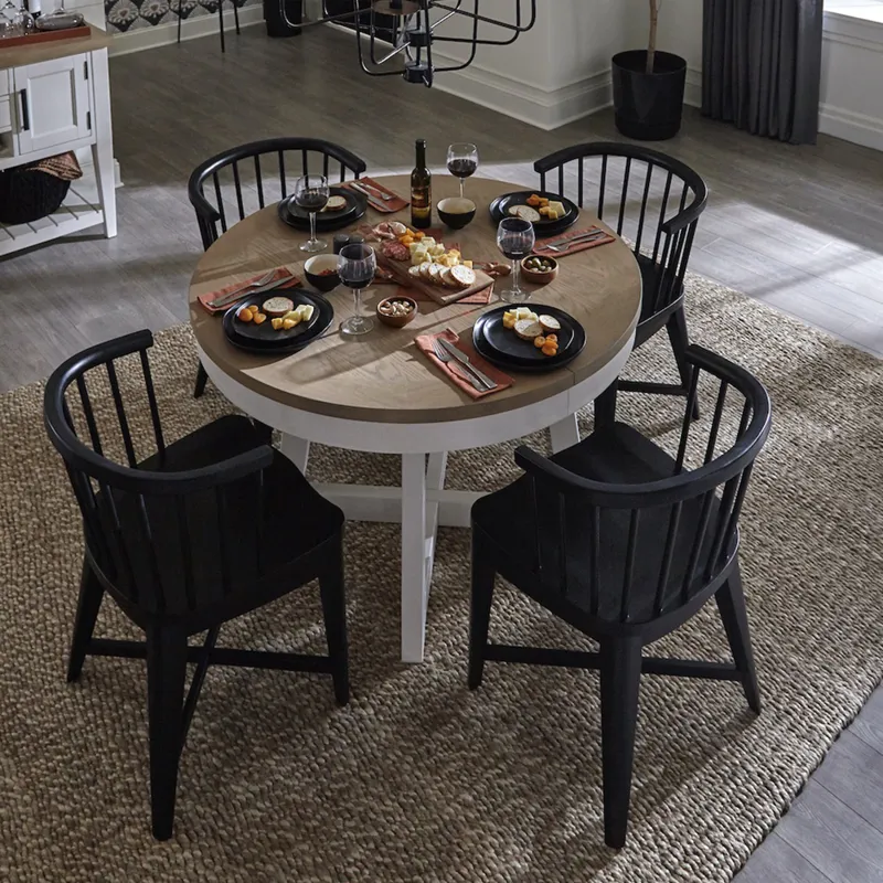 Americana Modern Dining 48-66 inch Round Dining Table and 4 Black Barrel Chairs