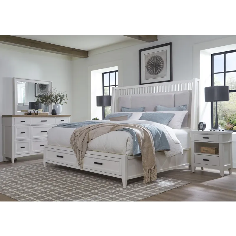 Americana Modern Bedroom King Shelter Bed with 2 Nightstands and Dresser with Mirror