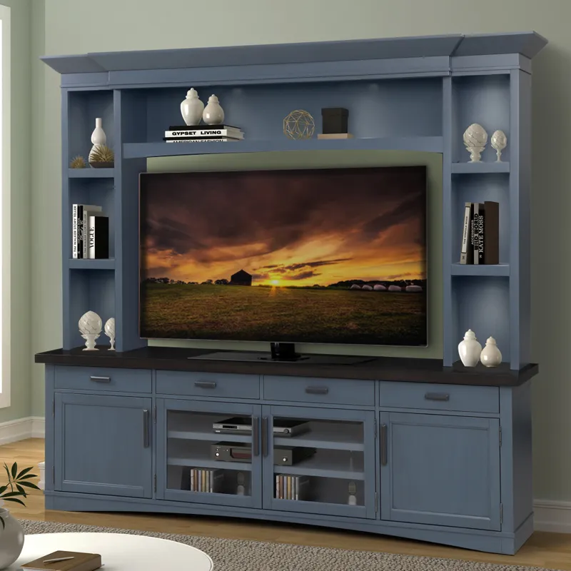 Americana Modern Denim 92 Inch TV Console with Hutch and LED Lights