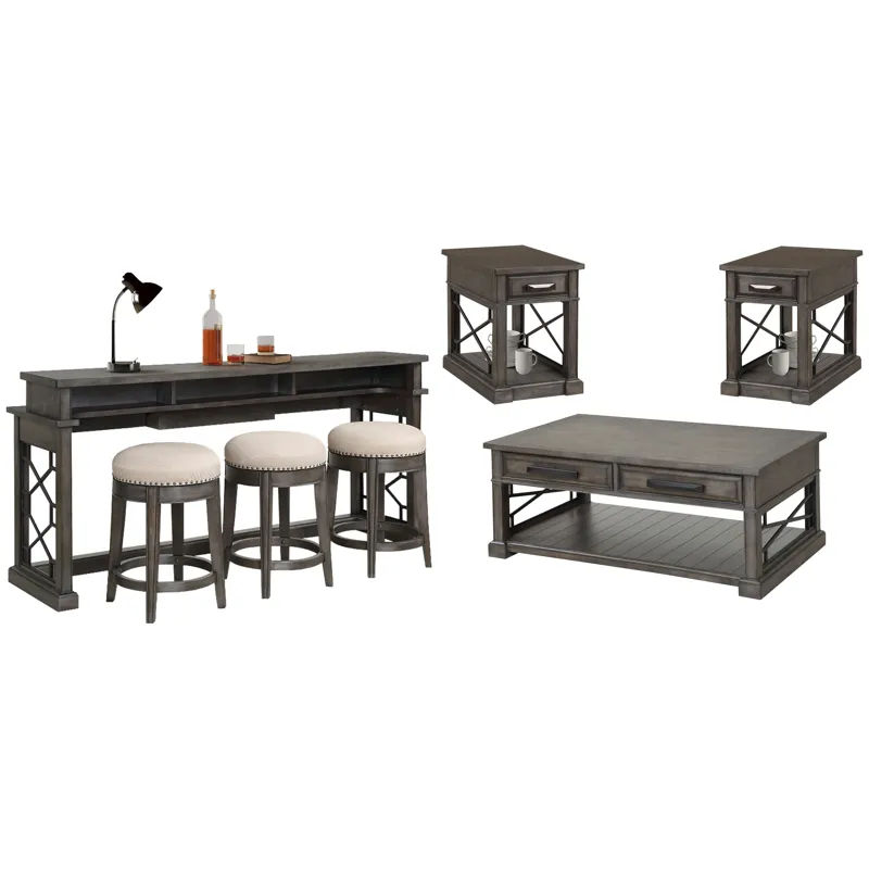 Sundance Smokey Grey Cocktail Table with 2 Chairside Tables and Console Table with 3 Stools