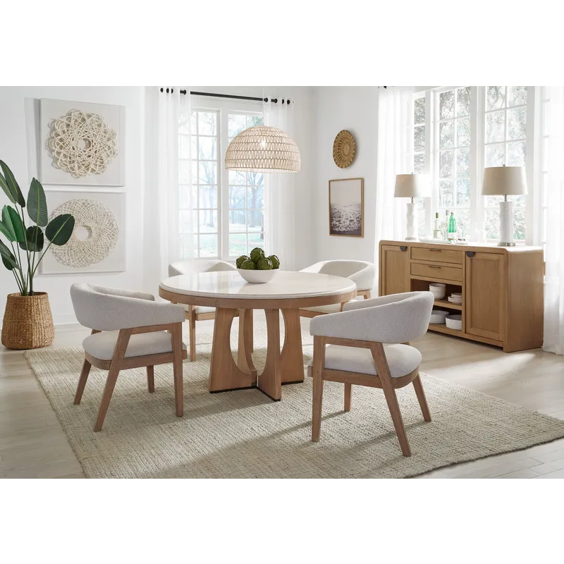 Escape Dining 54 Inch Round Table with Buffet Server and 4 Barrel Chairs