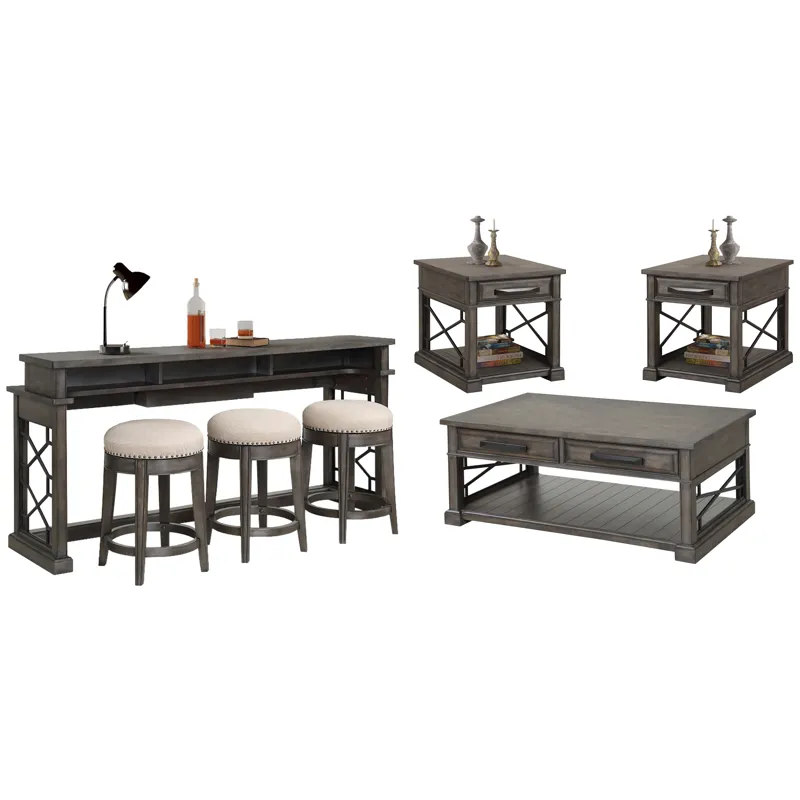 Sundance Smokey Grey Cocktail Table with 2 End Tables and Console Table with 3 Stools