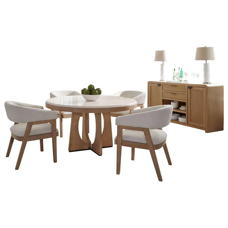 Escape Dining 54 Inch Round Table with Buffet Server and 4 Barrel Chairs
