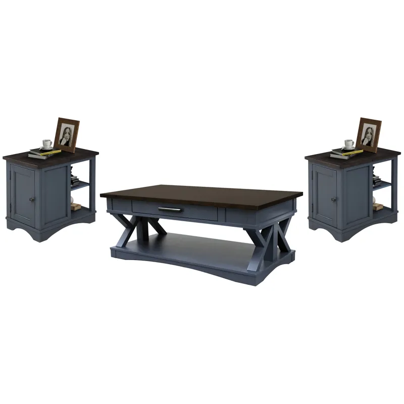 Americana Modern Denim Cocktail Table with 2 Chairside Tables