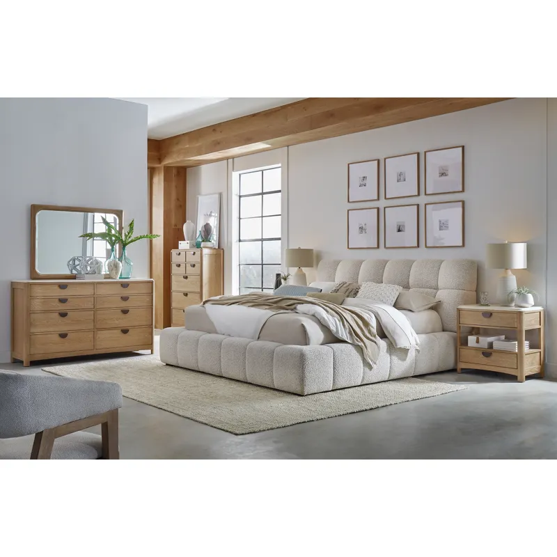 Escape Bedroom King Upholstered Bed 2 Nightstands Dresser with Mirror and Chest