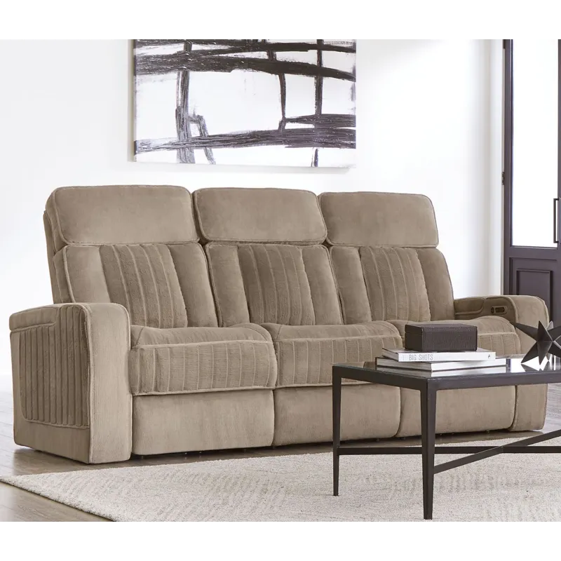 Equinox Mushroom Power Reclining Sofa with Drop Down Table