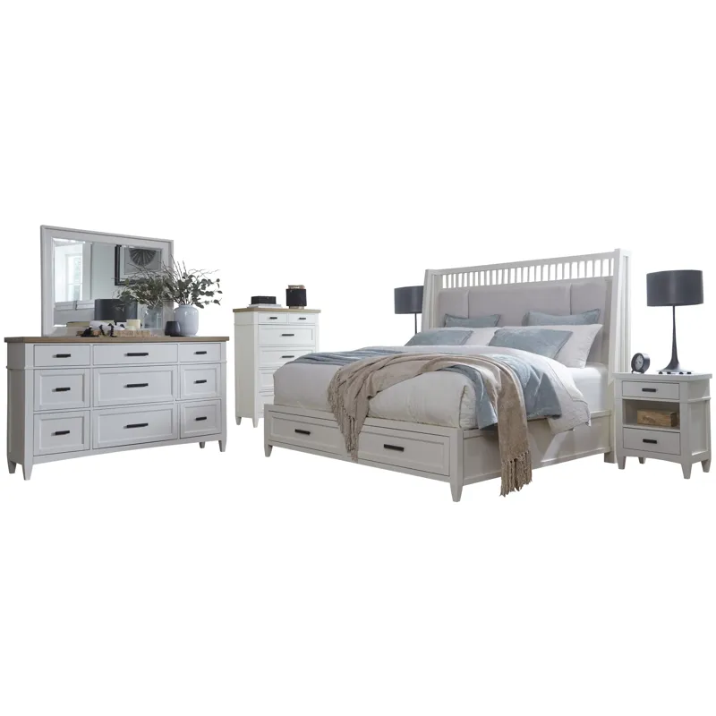 Americana Modern Bedroom King Shelter Bed 2 Nightstands Dresser with Mirror and Chest