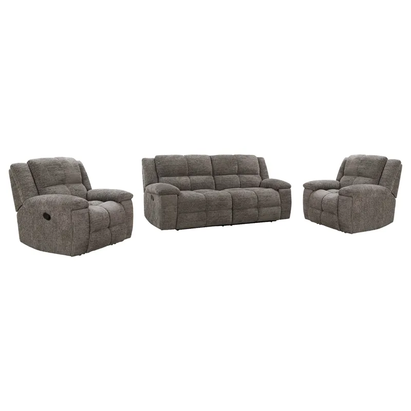 Buster Cabot Stone Manual Glider Reclining Sofa and Two Recliners