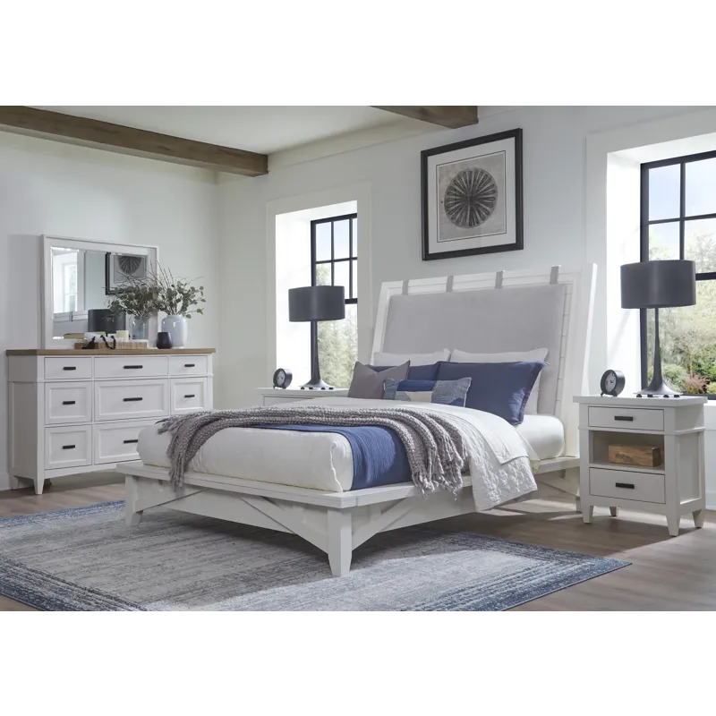 Americana Modern Bedroom King Platform Bed 2 Nightstands and Dresser with Mirror