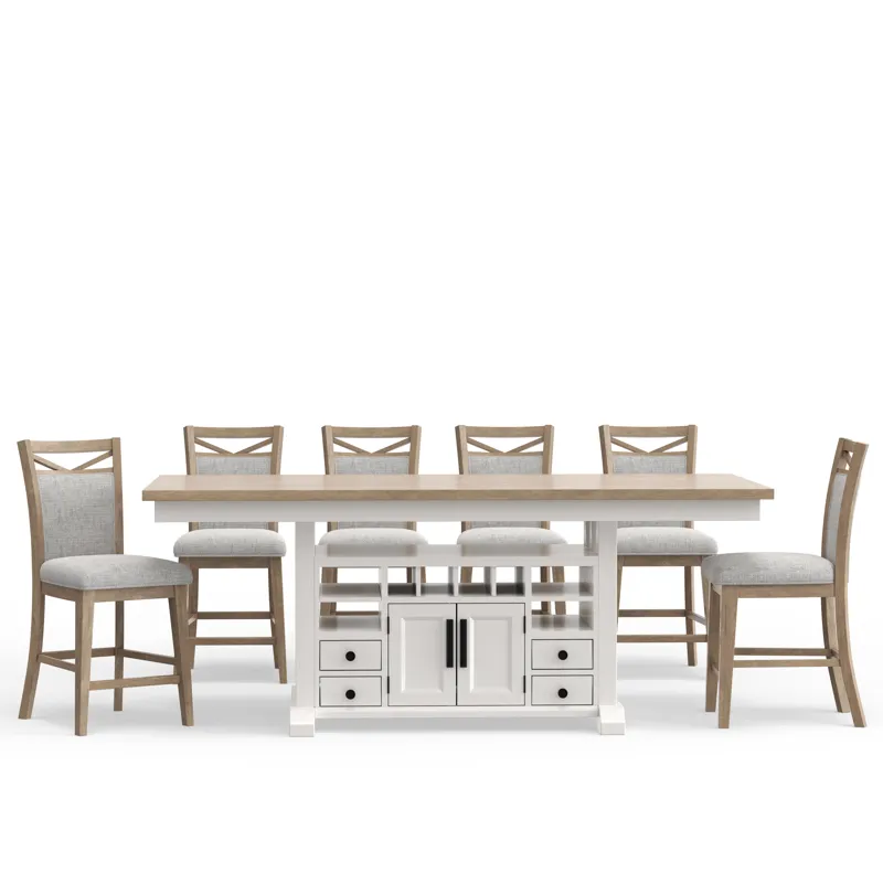 Americana Modern Dining Island Counter Height Table with 6 upholstered chairs