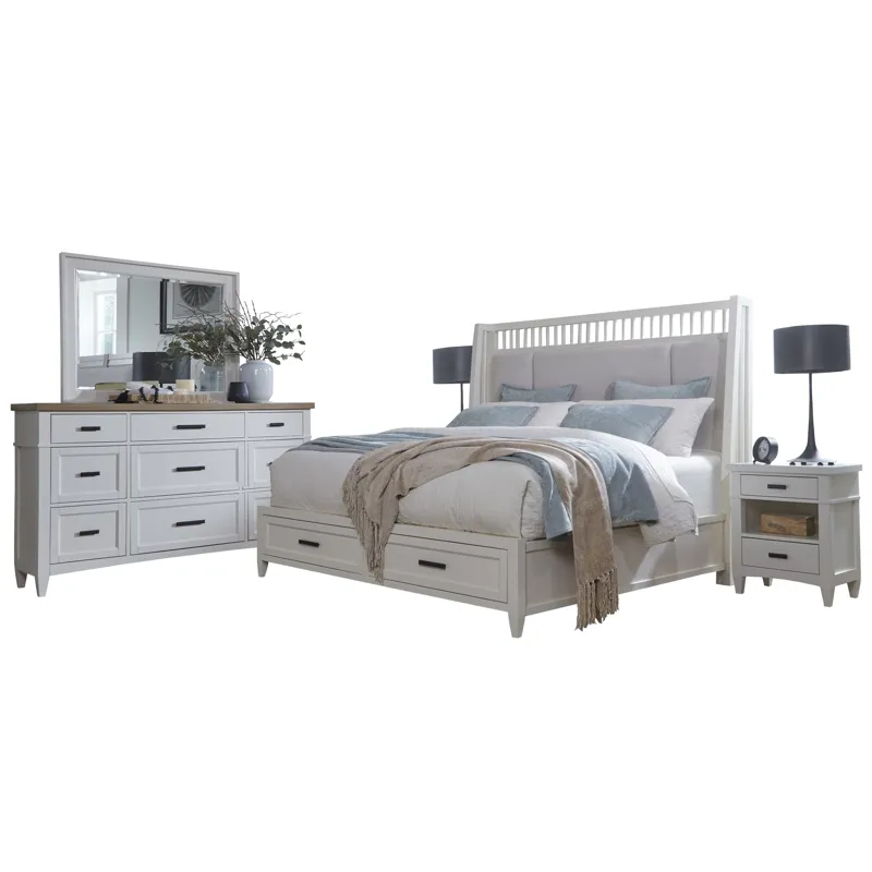 Americana Modern Bedroom King Shelter Bed with 2 Nightstands and Dresser with Mirror