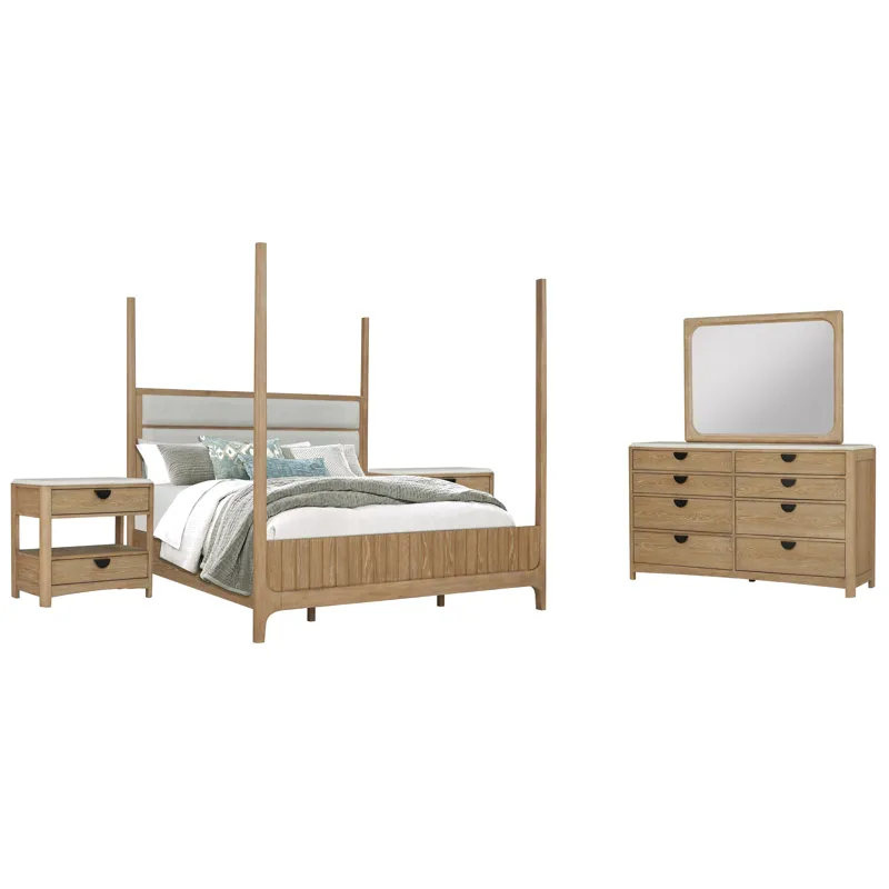 Escape Bedroom Queen Poster Bed 2 Nightstands and Dresser with Mirror