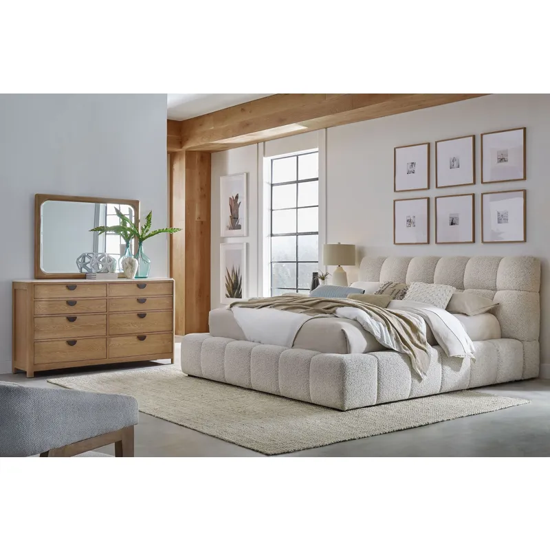 Escape Bedroom King Upholstered Bed with Dresser and Mirror