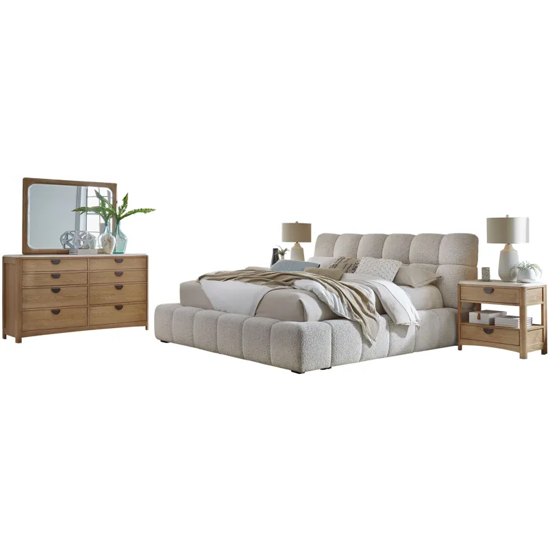 Escape Bedroom King Upholstered Bed with 2 Nightstands and Dresser with Mirror