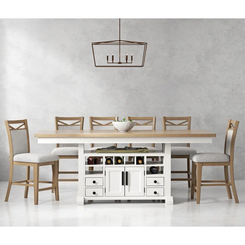 Americana Modern Dining Island Counter Height Table with 6 upholstered chairs