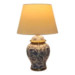 19\" Chinoiserie Birds Table Lamp Gold Trim, White/