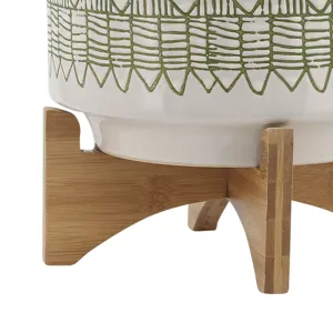 Ceramic 10" Aztec Planter On Wooden Stand, Olive