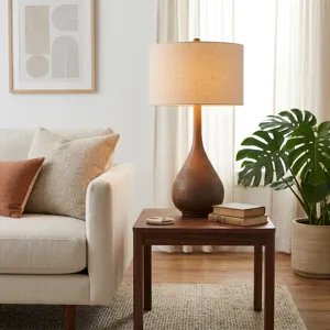 18" Wooden Table Lamp With Cotton Shade