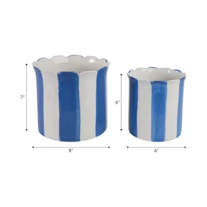 S/2 6/8\" Striped Scallop Edge Planters, White/blue