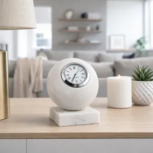 5x4\" Round Marble Clock On Base, White/silver