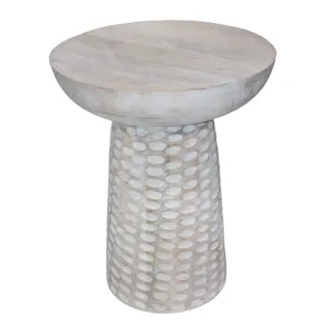 20" Hammered Base Wood Accent Table, White Wash