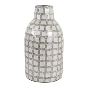 15x9\" Capiz Plaid Vase, Ivory Multi