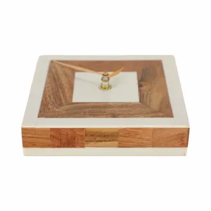 5\" Square Resin Clock With Wood Inlay, Ivory/natur