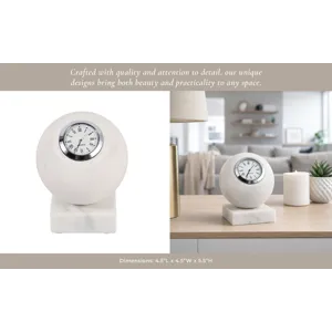 5x4\" Round Marble Clock On Base, White/silver