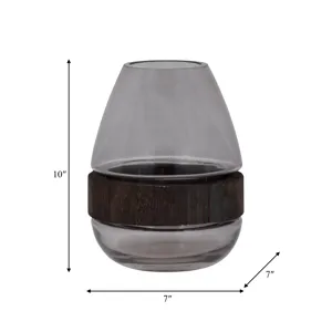 Glass, 10\" Belly Vase W/ Wood Band, Clear