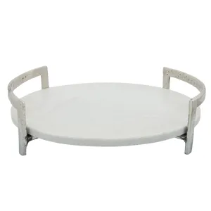 14" Metal Tray W/ Marble, Silver