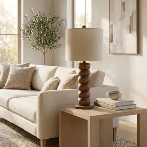 15" Wooden Table Lamp With Cotton Linen Beige Shad