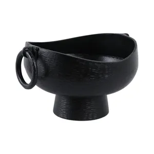 16x13\" Metal Pedestal Bowl With Ring Handles, Blk